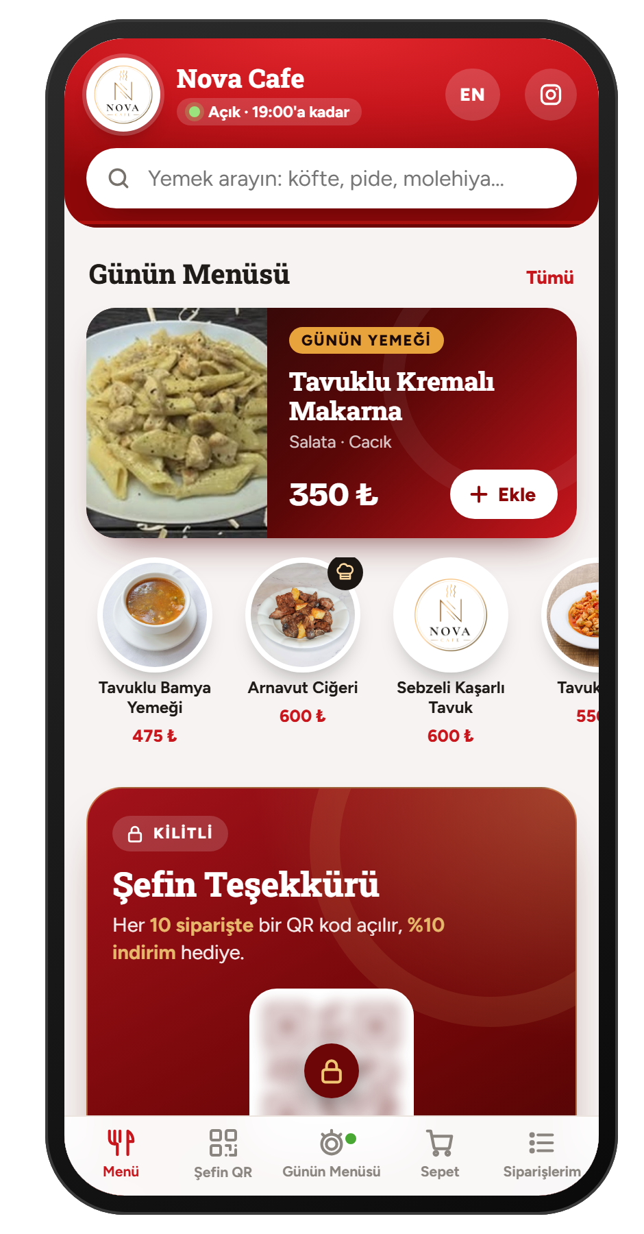 Nova Cafe uygulaması: menü ve günün yemeği ekranı